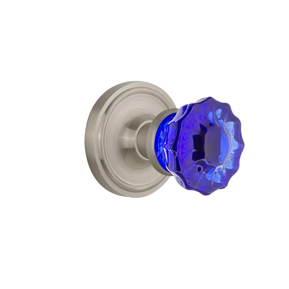 Nostalgic Warehouse CLACRC Colored Crystal Classic Rosette Passage Crystal Cobalt Glass Door Knob in Satin Nickel